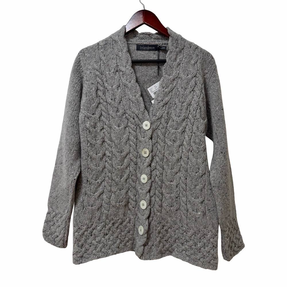 Irelandseye Womens Horseshoe Cable Wool Aran Cardigan Size XL Light Grey NEW